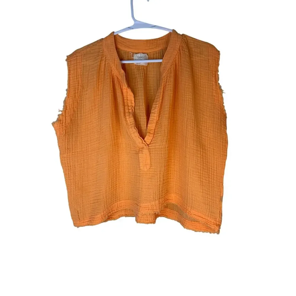 9Seed Idyllwild sleeveless popover cotton crinkle gauze raw edges orange Small